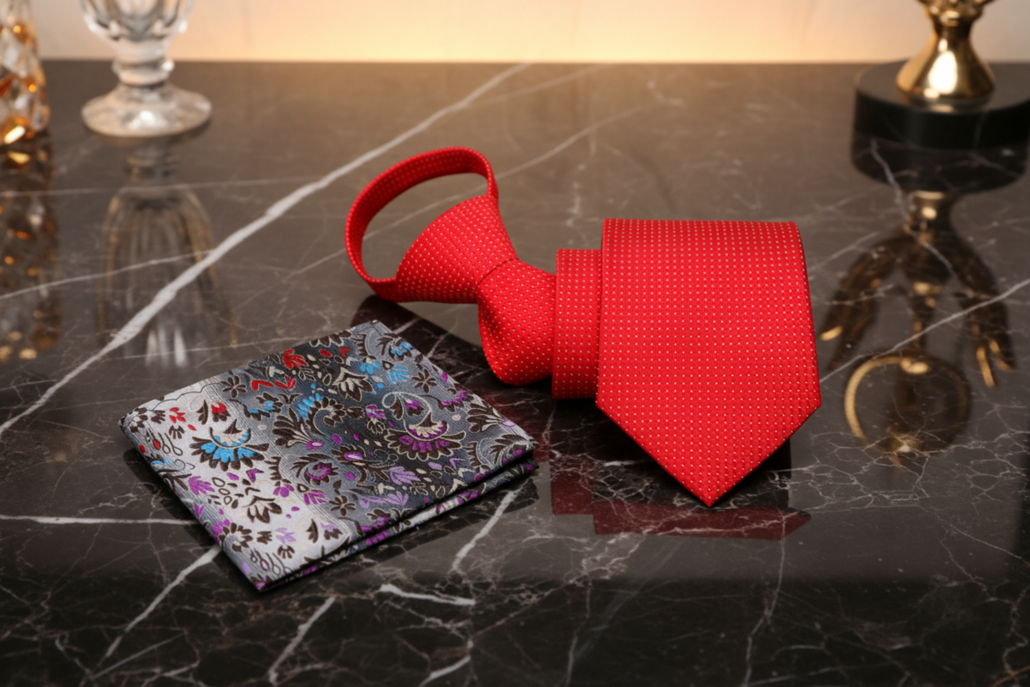 View 2: A Bright Red With White Check Pattern Necktie and Floral Square