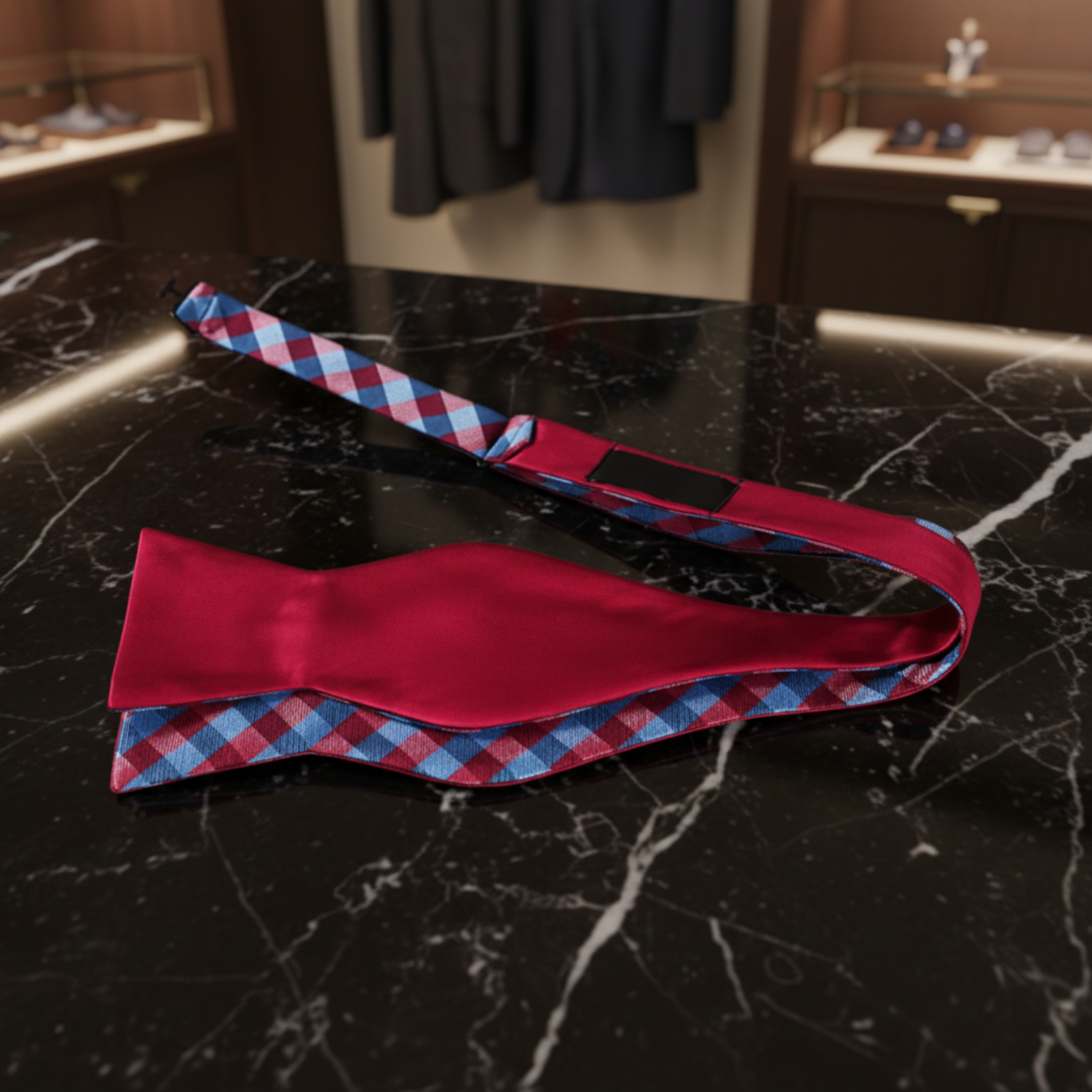 Self Tie: Red and Blue Check Bow tie and Square