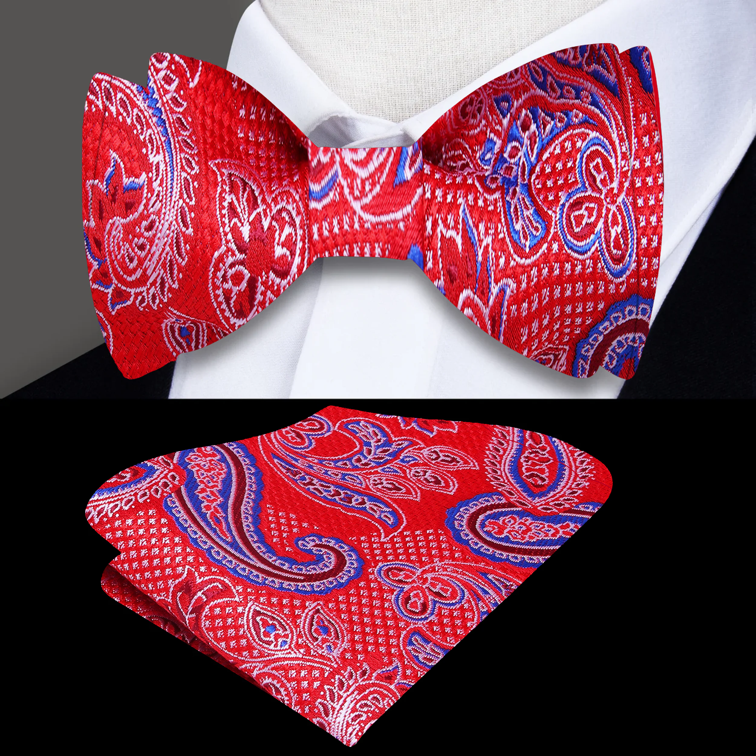 Main View: A Red, Blue Paisley Pattern Self Tie Bow Tie, Matching Pocket Square