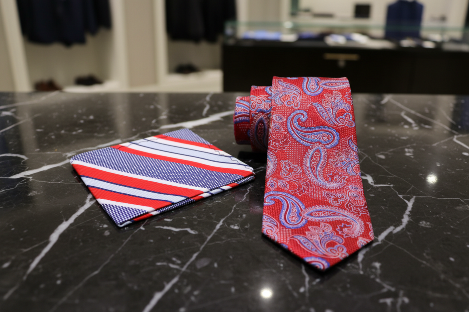  Red Paisley Necktie and Accenting Stripe Square