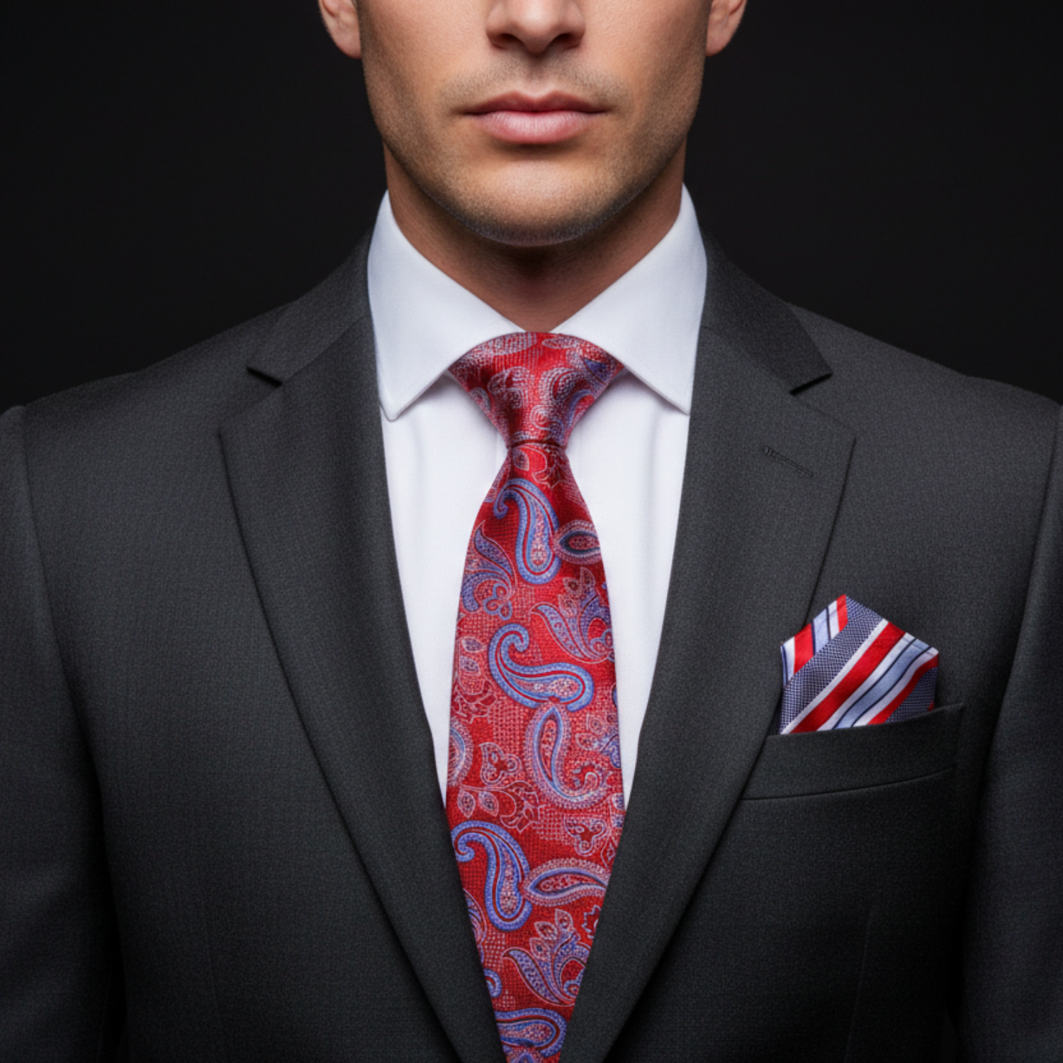 Man wearing red and blue paisley tie and accenting square