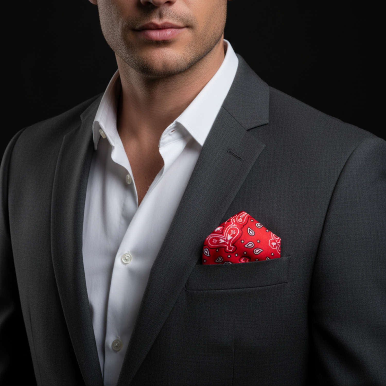 Man wearing a dark suit with a white shirt and red pocket square on a black background