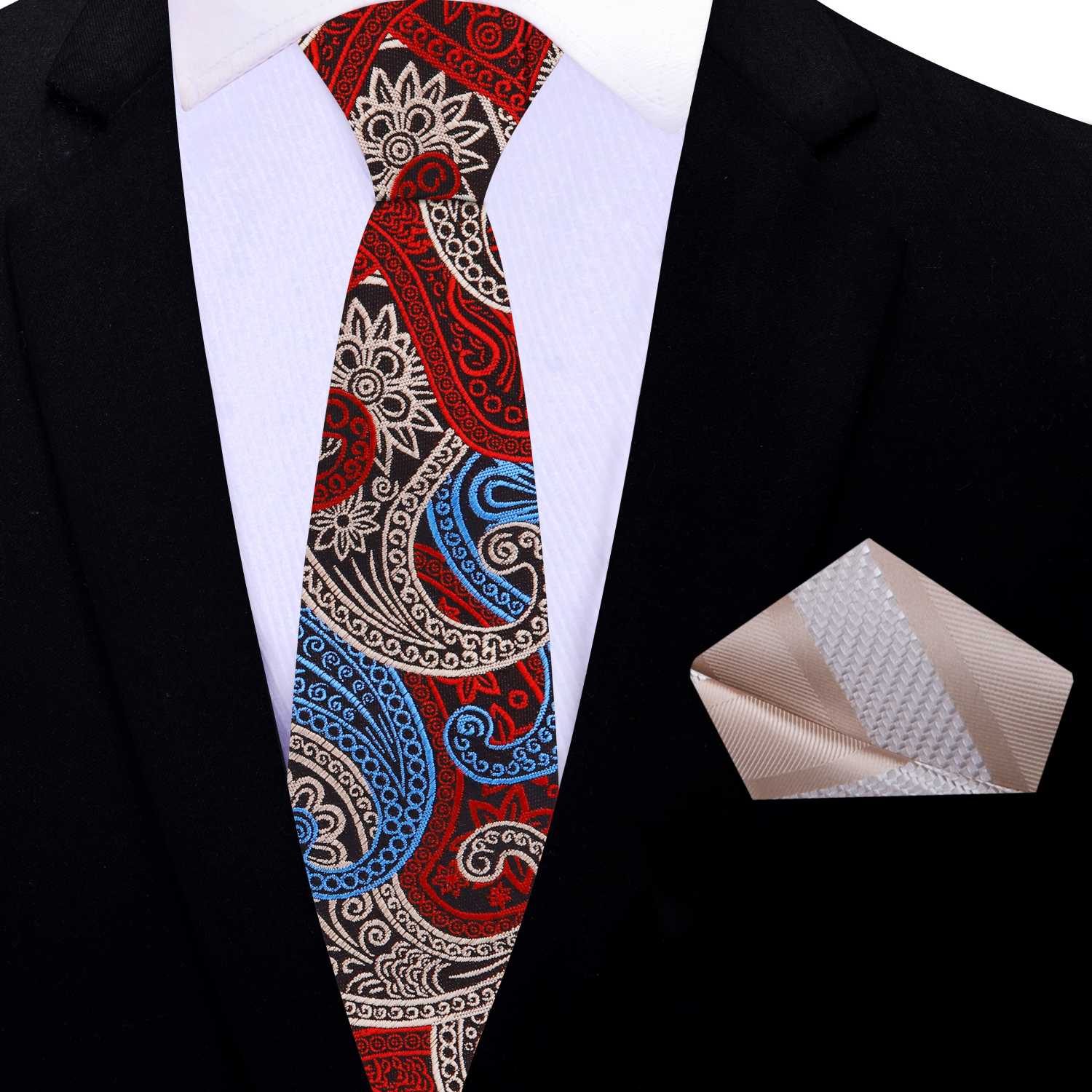 Thin Red, Blue, Beige Paisley Necktie and Accenting Square