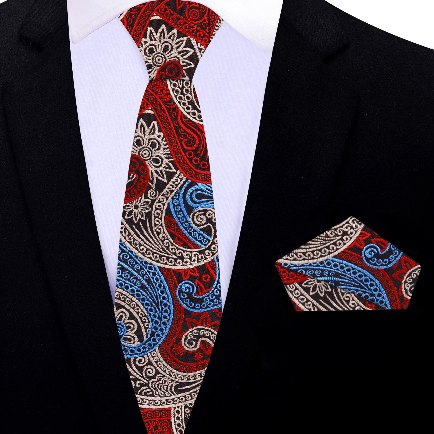 Thin Red, Blue, Beige Paisley Necktie and Matching Square