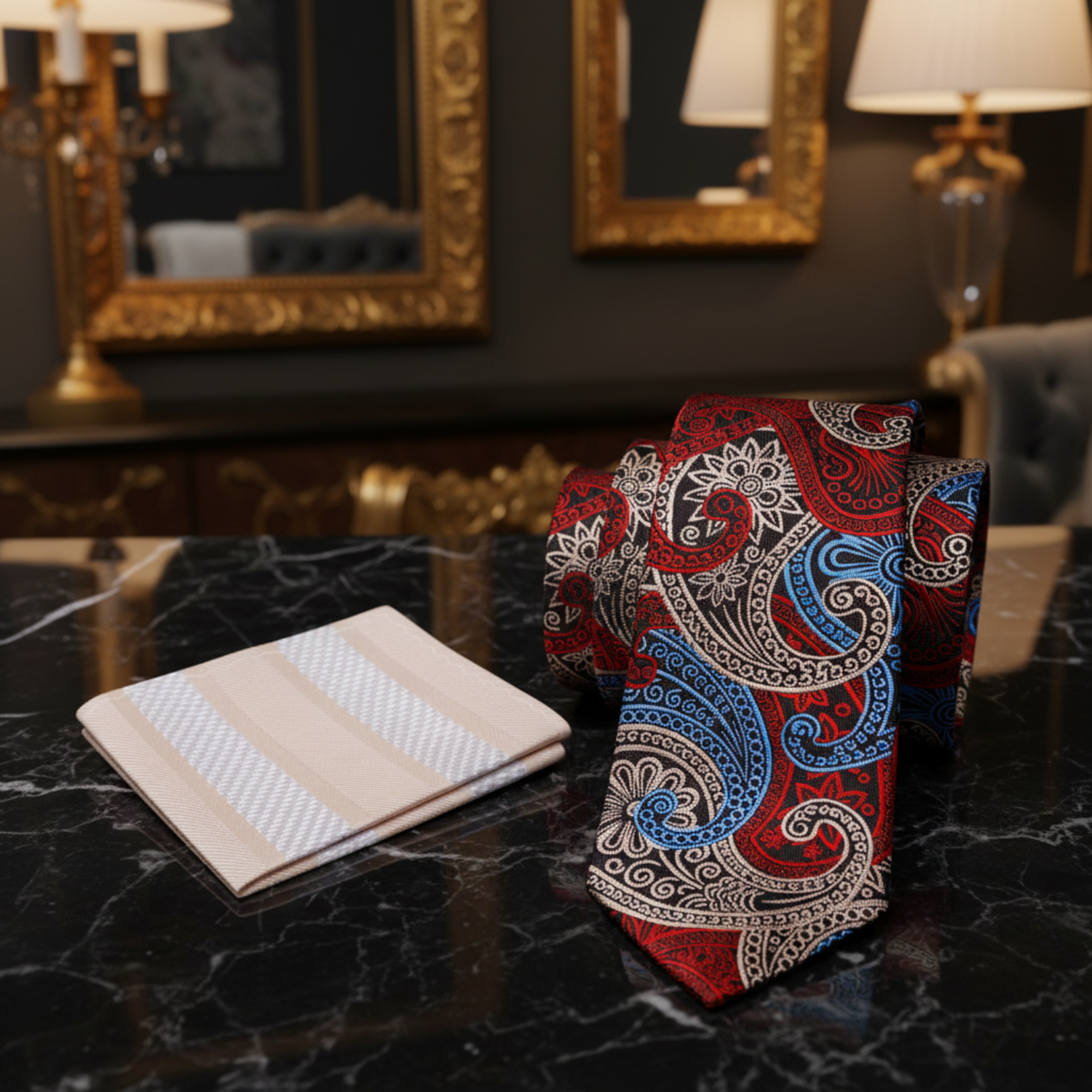 Alt Red, Blue, Beige Paisley Necktie and Accenting Square