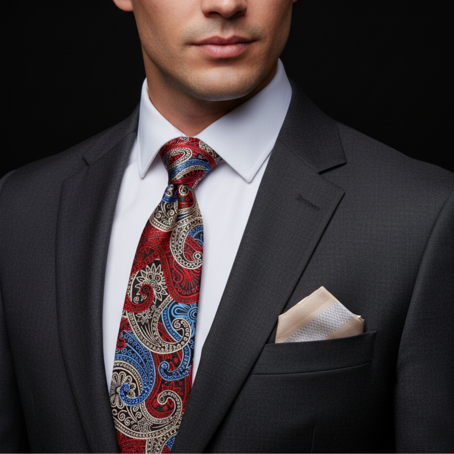 Black, Red, Blue, and Cream Paisley Necktie
