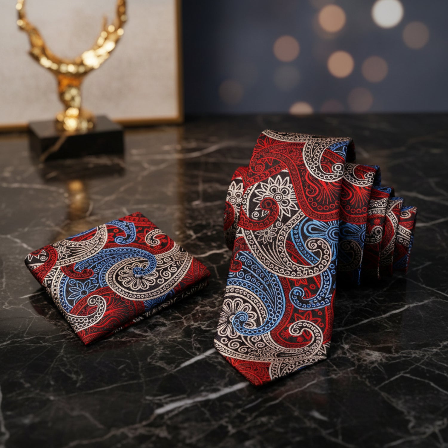 Alt Red, Blue, Beige Paisley Necktie and Matching Square