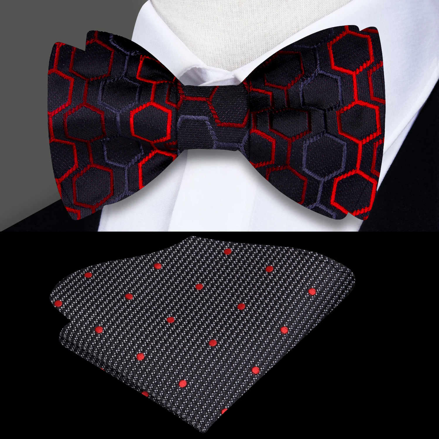 Black and red geometric bow tie with accenting pocket square on a mannequin.
