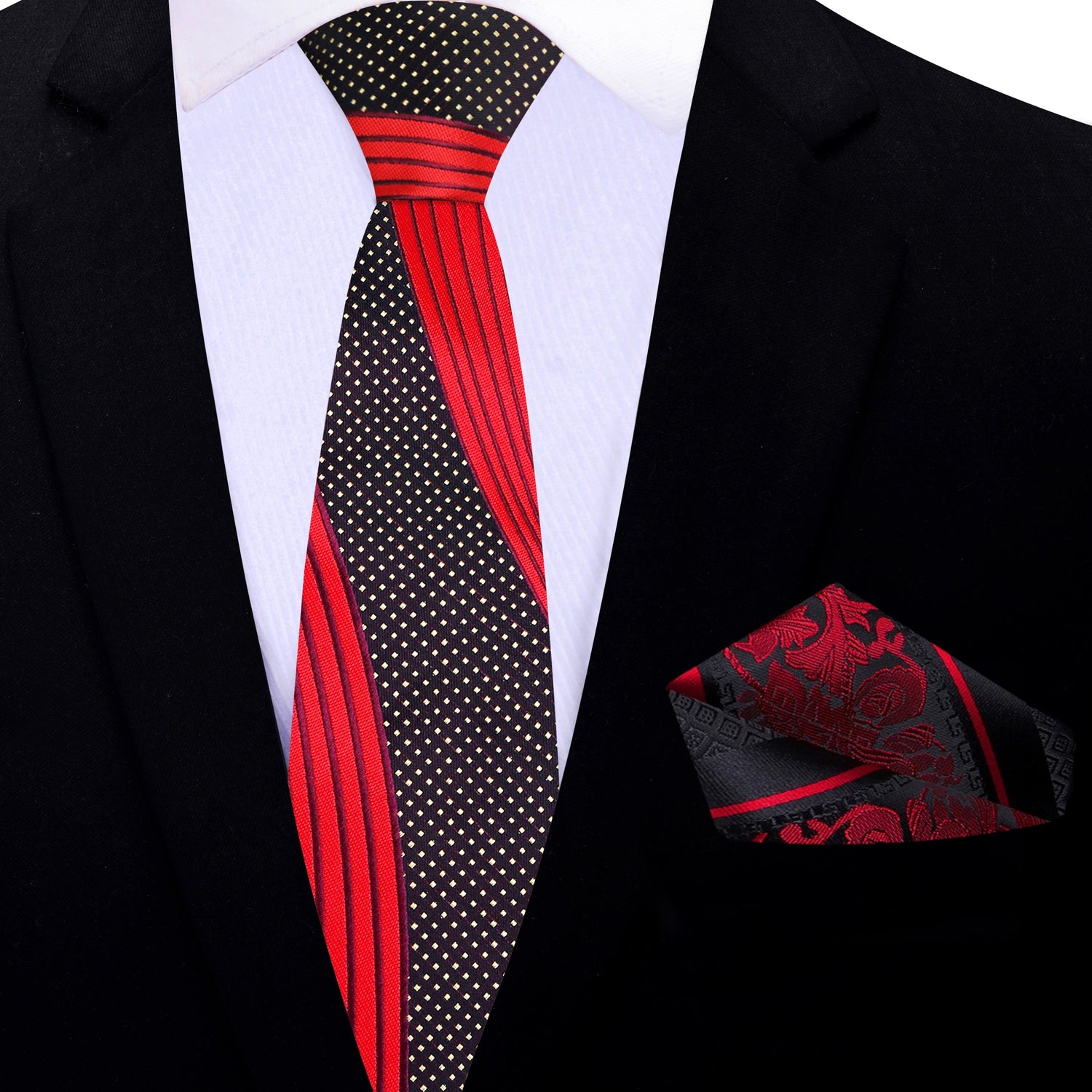 Thin Tie: Red, Black and Gold Abstract Tie and Accenting Red Black Paisley Pocket Square