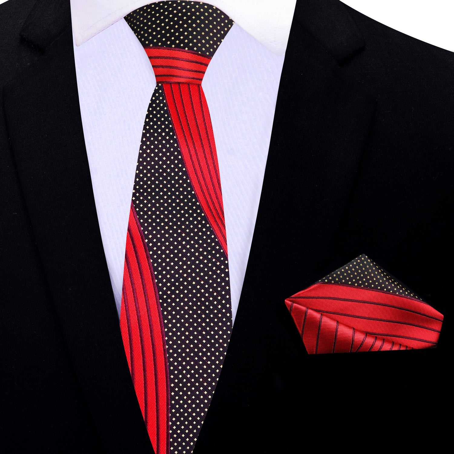 Thin Tie: Red, Black and Gold Abstract Tie and Accenting Matching Square