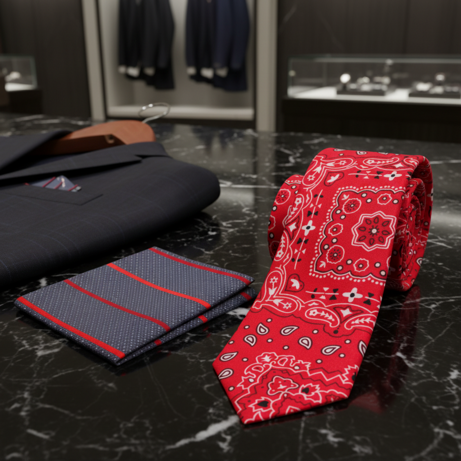 A men's necktie and matching pocket square set on a white background. The necktie features a vibrant red paisley bandana pattern with white and black details, while the matching pocket square has a dark gray base with white micro-dot patterns and two red diagonal stripes.