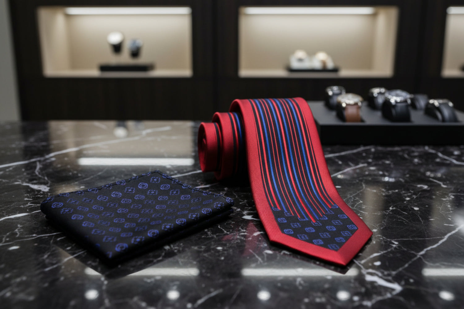 Alt Red, Blue Lined Necktie and Handkerchief