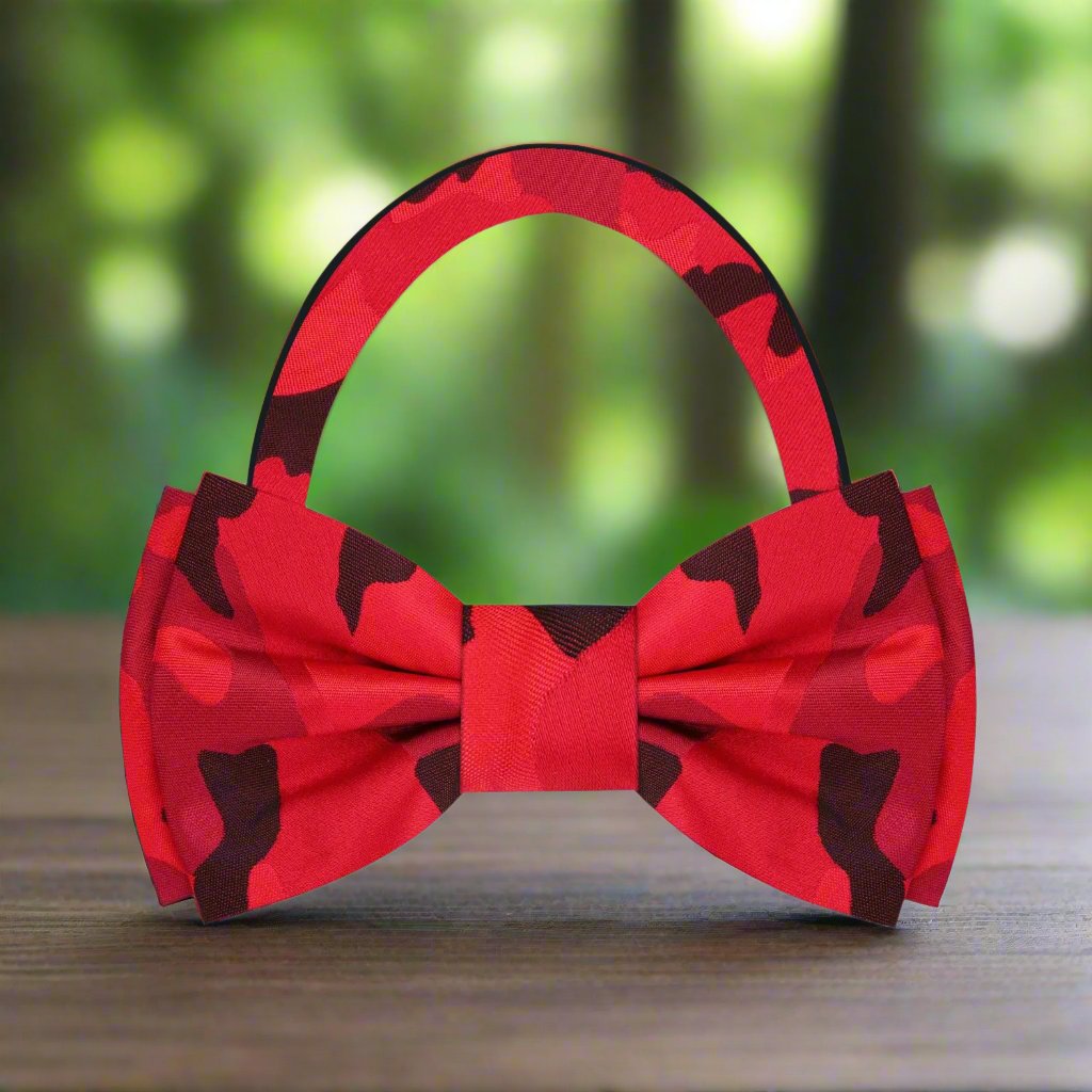 A Red, Light Red, Black Color Fleck Camouflage Pattern Bow Tie Pre Tied