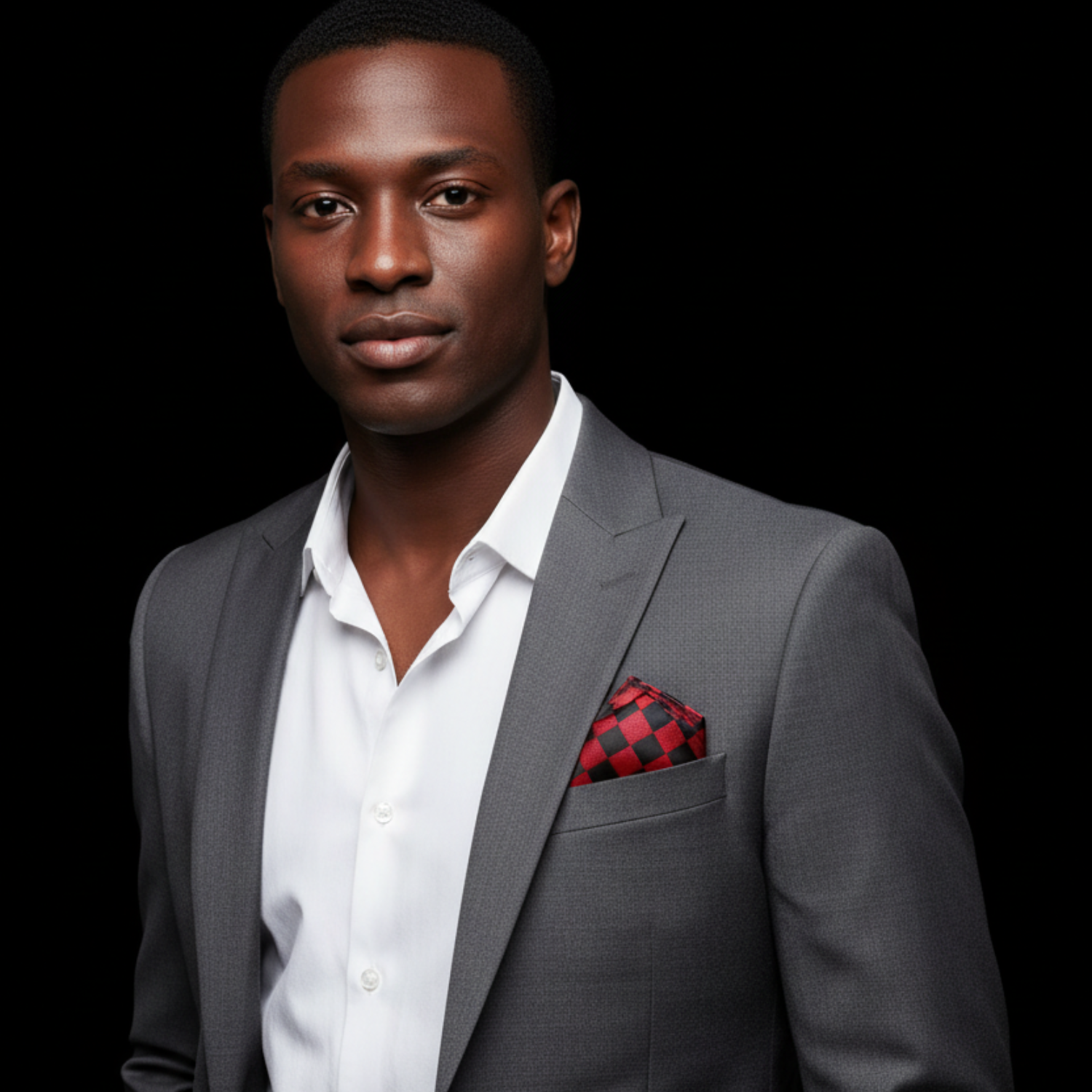 Man wearing a gray suit with a white shirt and red patterned pocket square on a black background