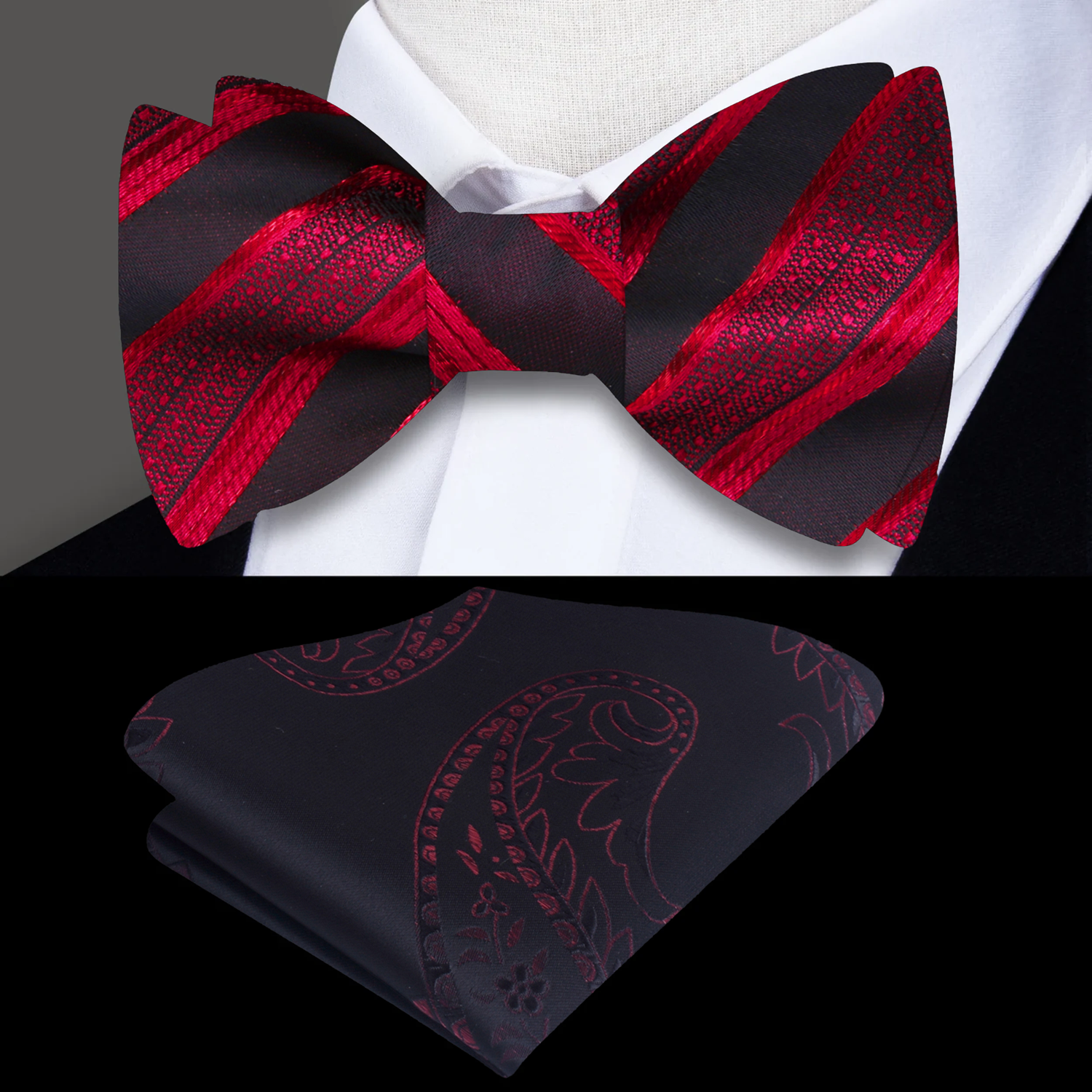 Red and black striped bow tie with accenting pocket square on a mannequin.