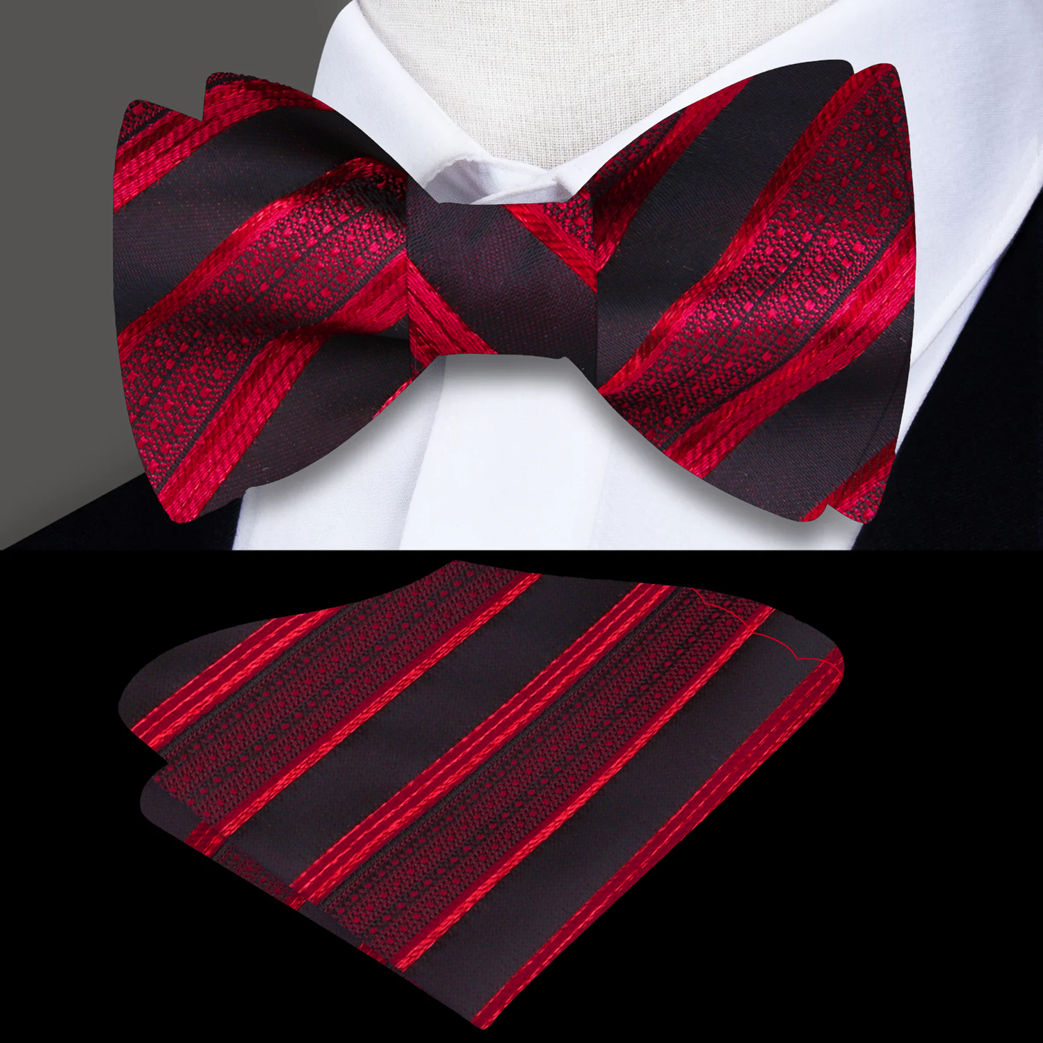 Red and black striped bow tie and pocket square set on a mannequin with a white shirt.