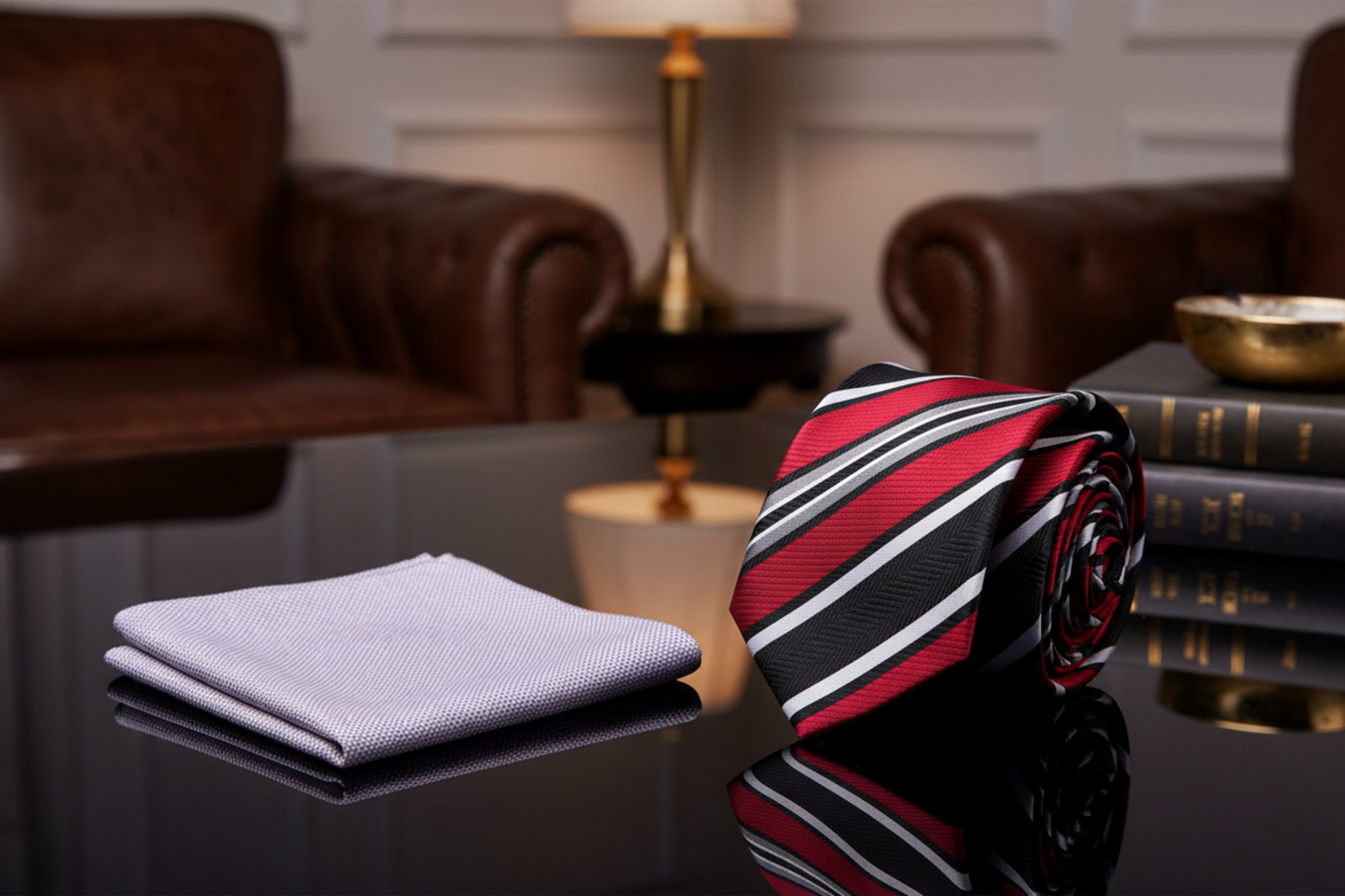 Red, black, and white striped thin tie with a grey pocket square 