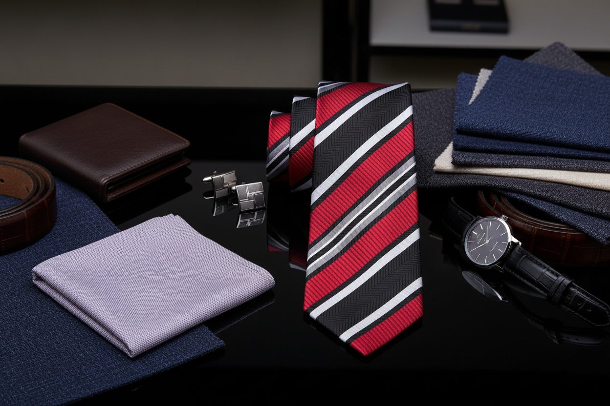 Collection of men's accessories including a red and black striped tie, wallet, watch, and cufflinks on a dark surface.