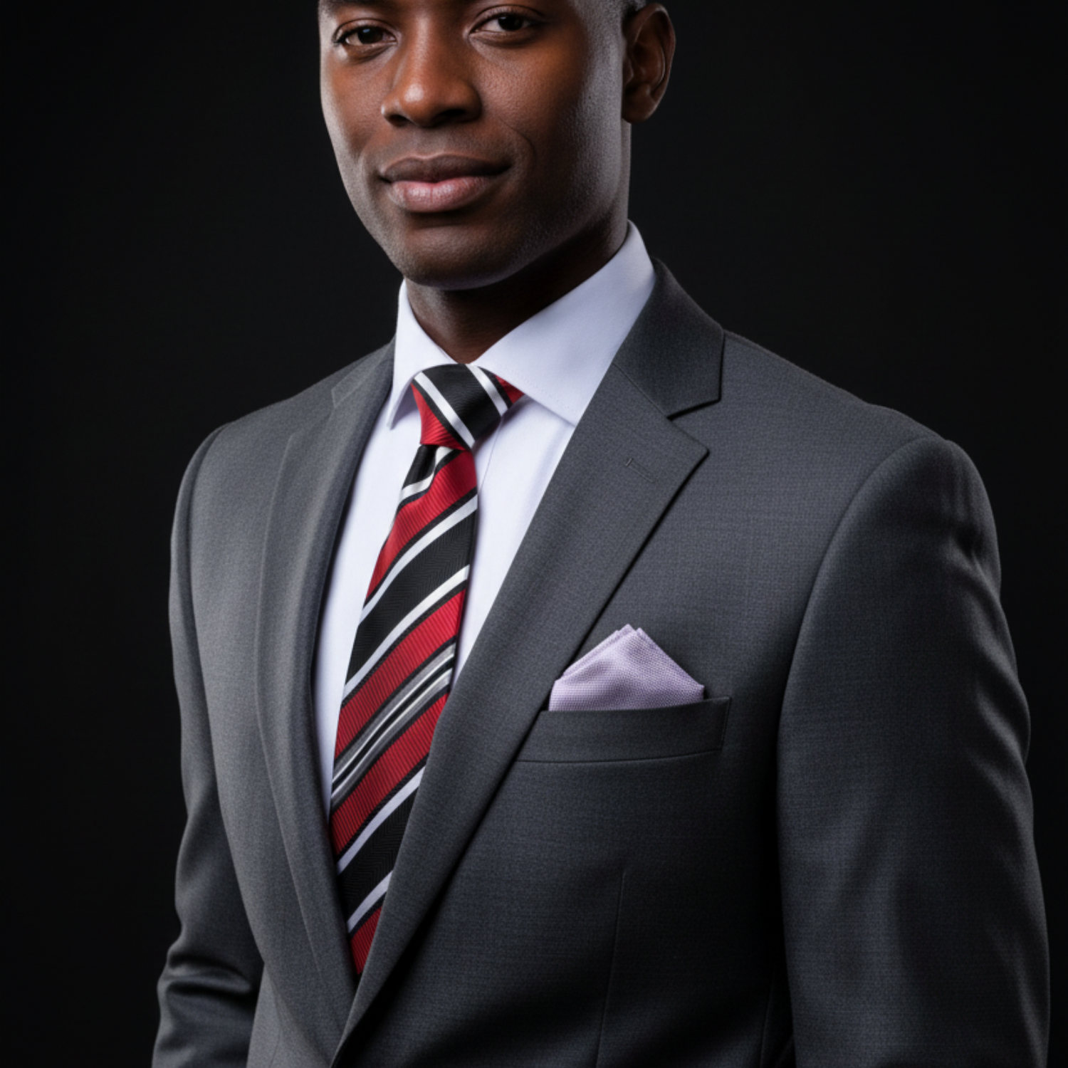 Man wearing a gray suit with a red and black striped tie on a black background