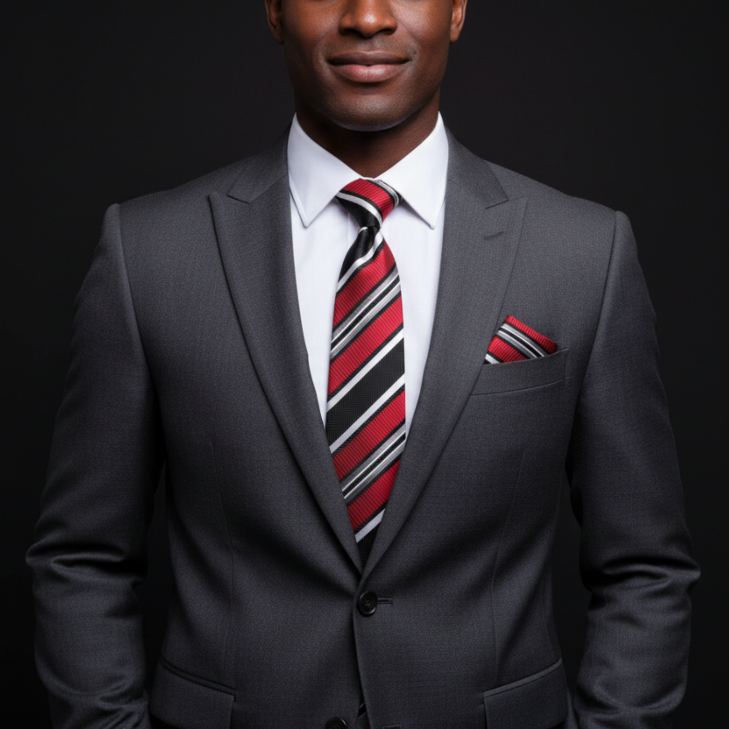 Man wearing a gray suit with a red and black striped tie on a dark background