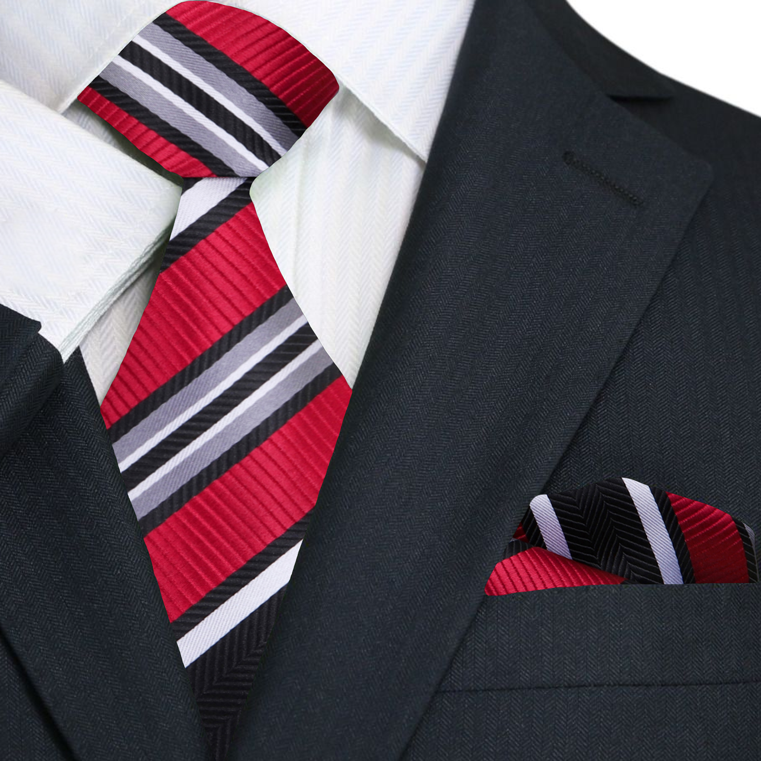 Red striped tie and matching pocket square on a black suit jacket.