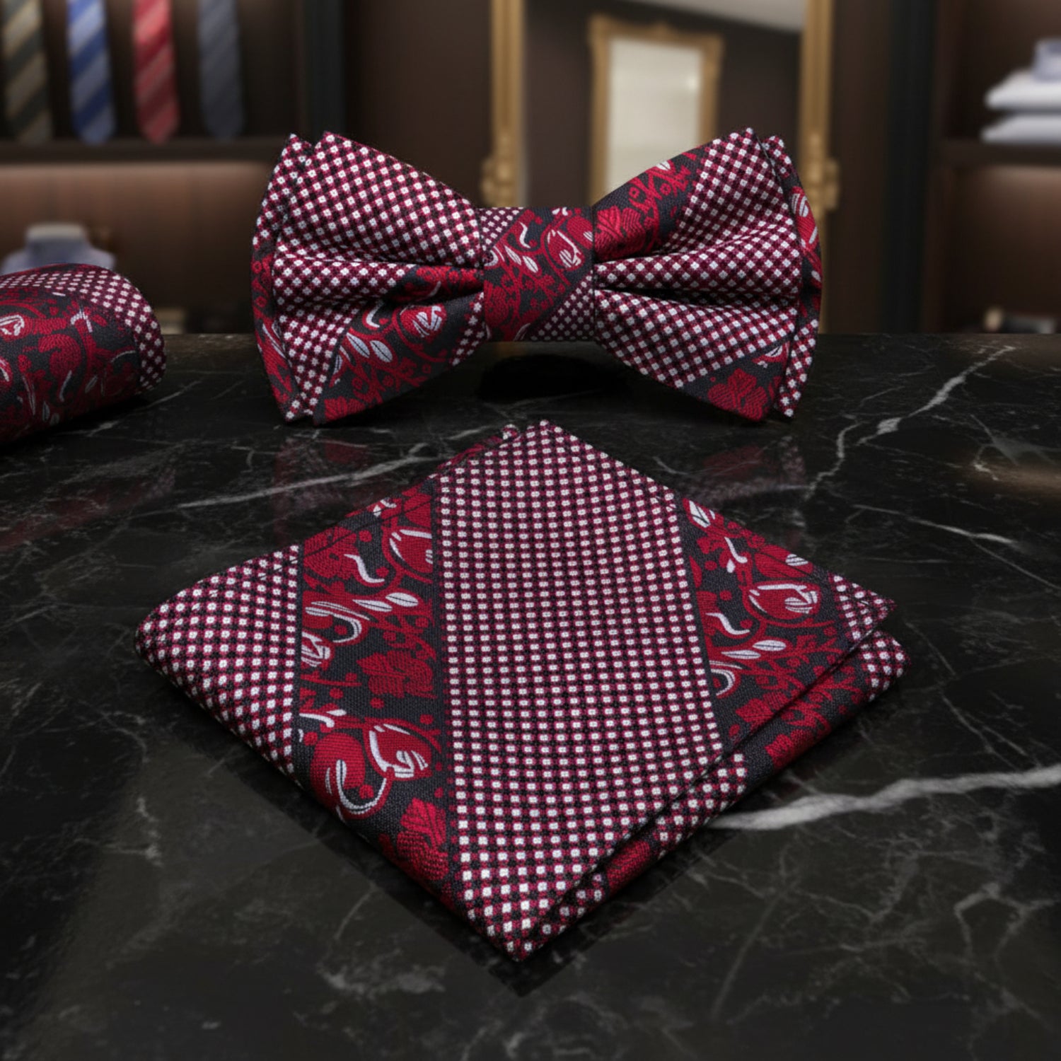 Red Floral Bow Tie and Square