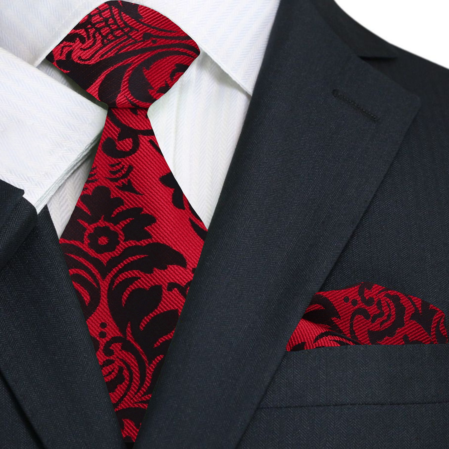 Primary A Red, Black Floral Pattern Necktie, Matching Pocket Square