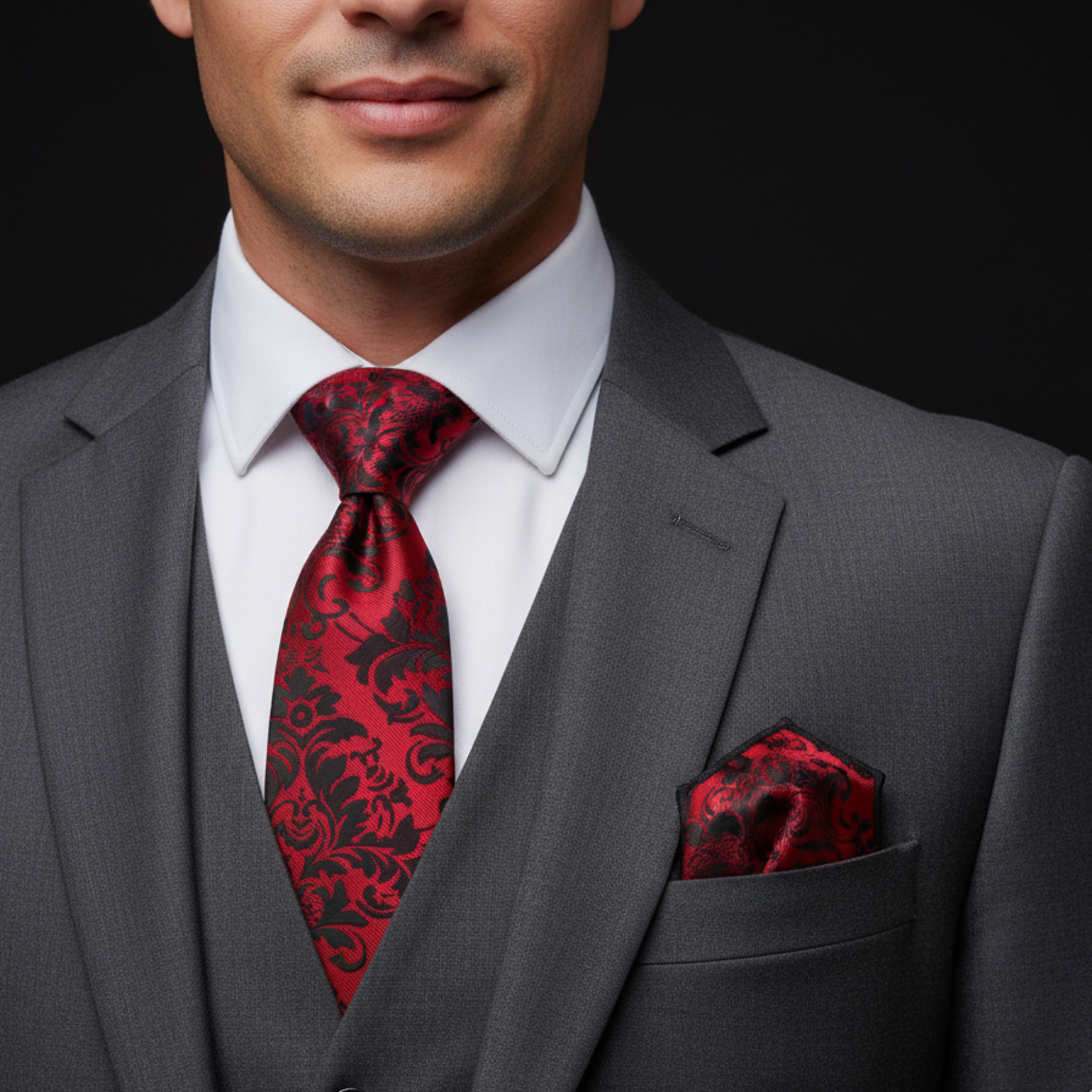 Man wearing a gray suit with a red patterned tie and pocket square on a black background