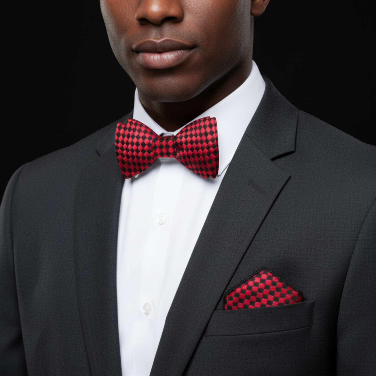 Red and Black small diamonds bow tie and square on man