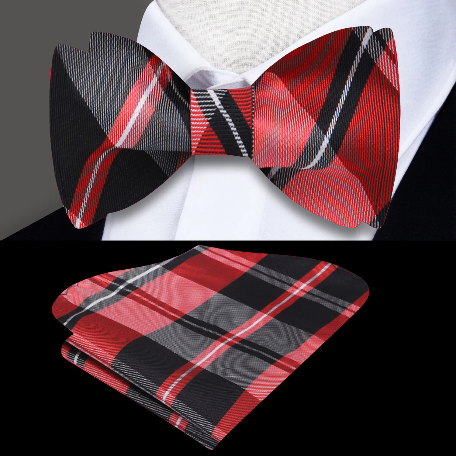 A Red, Black Plaid Pattern Self Tie Bow Tie, Matching Pocket Square