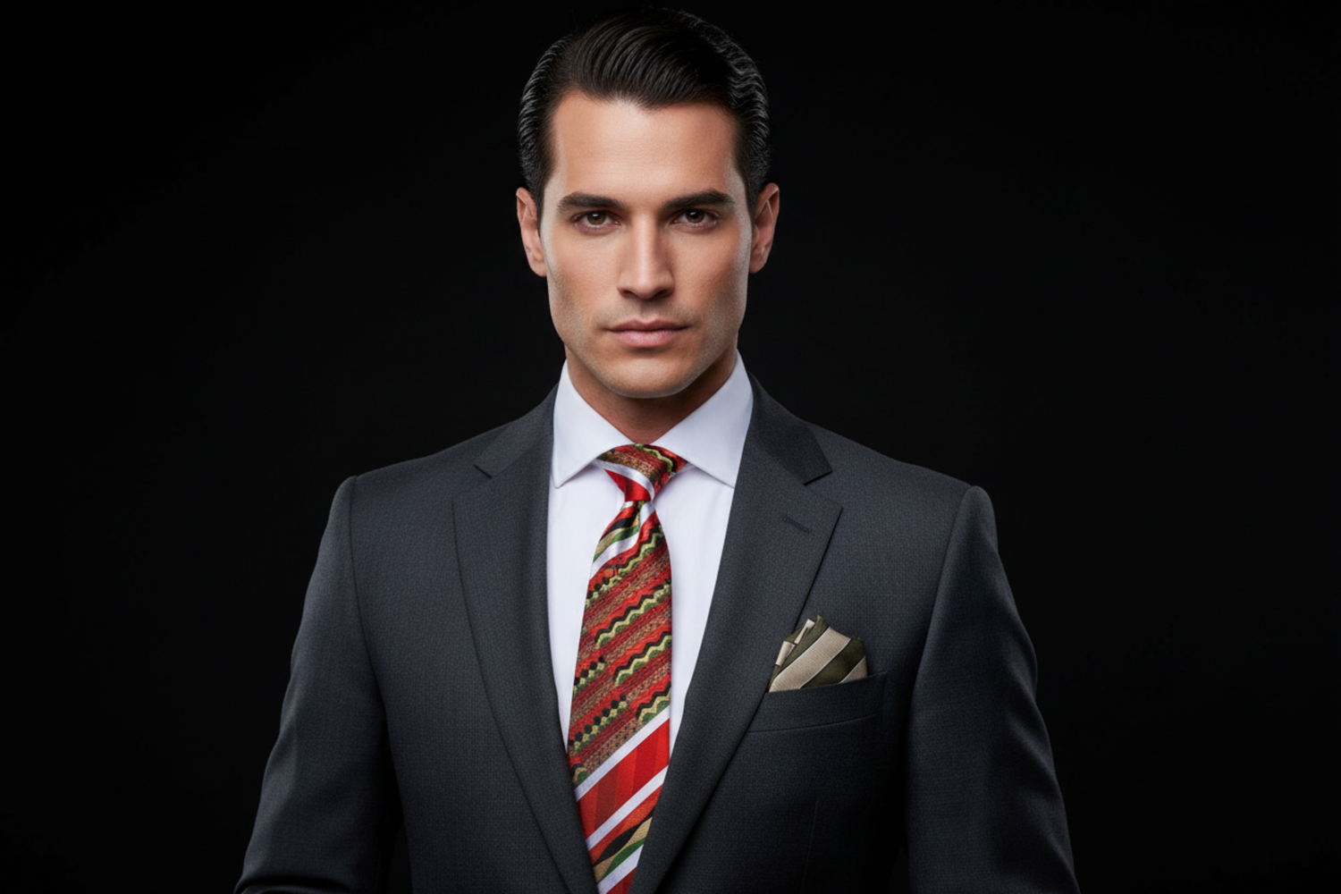 Man wearing a dark suit with a red patterned tie against a black background