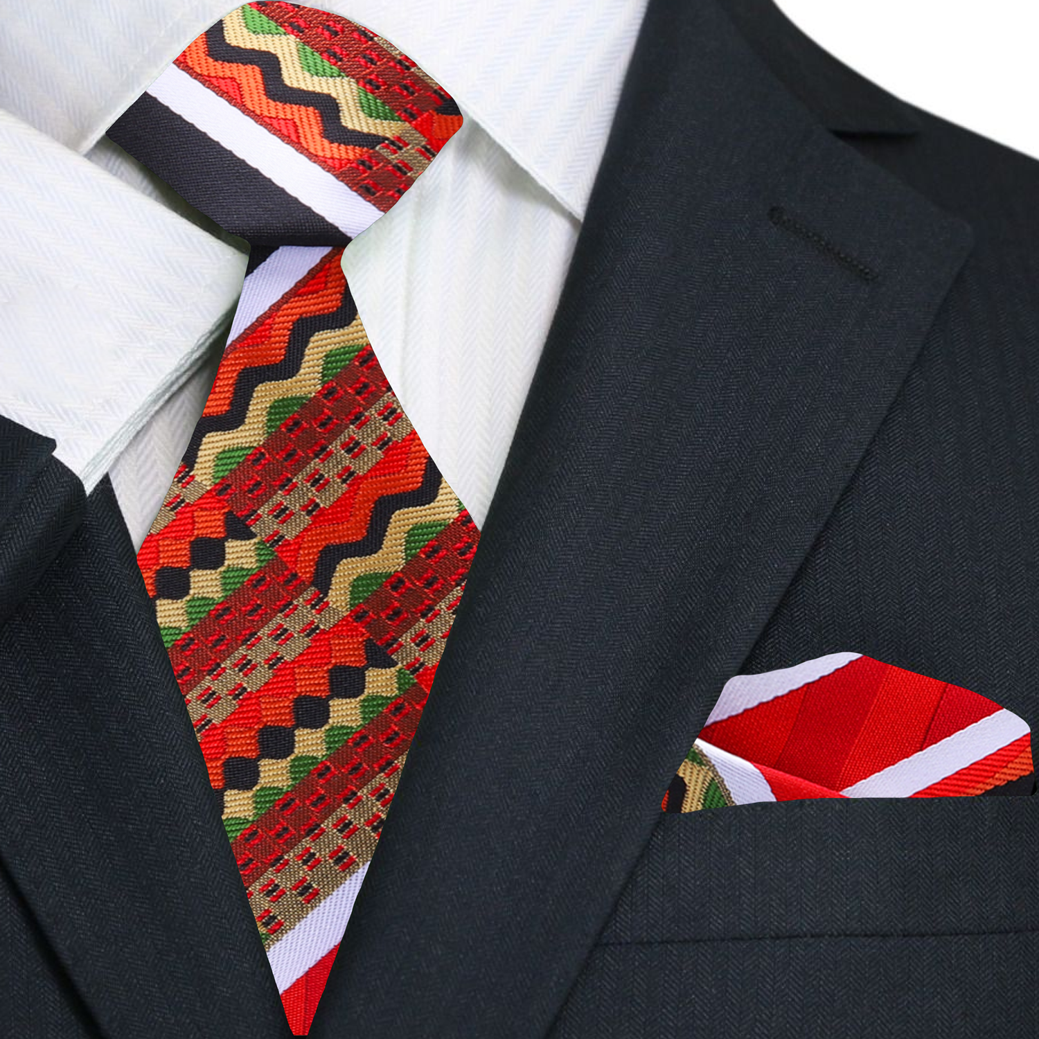 Main: Red, Black, Yellow Green Abstract Tie and Pocket Square