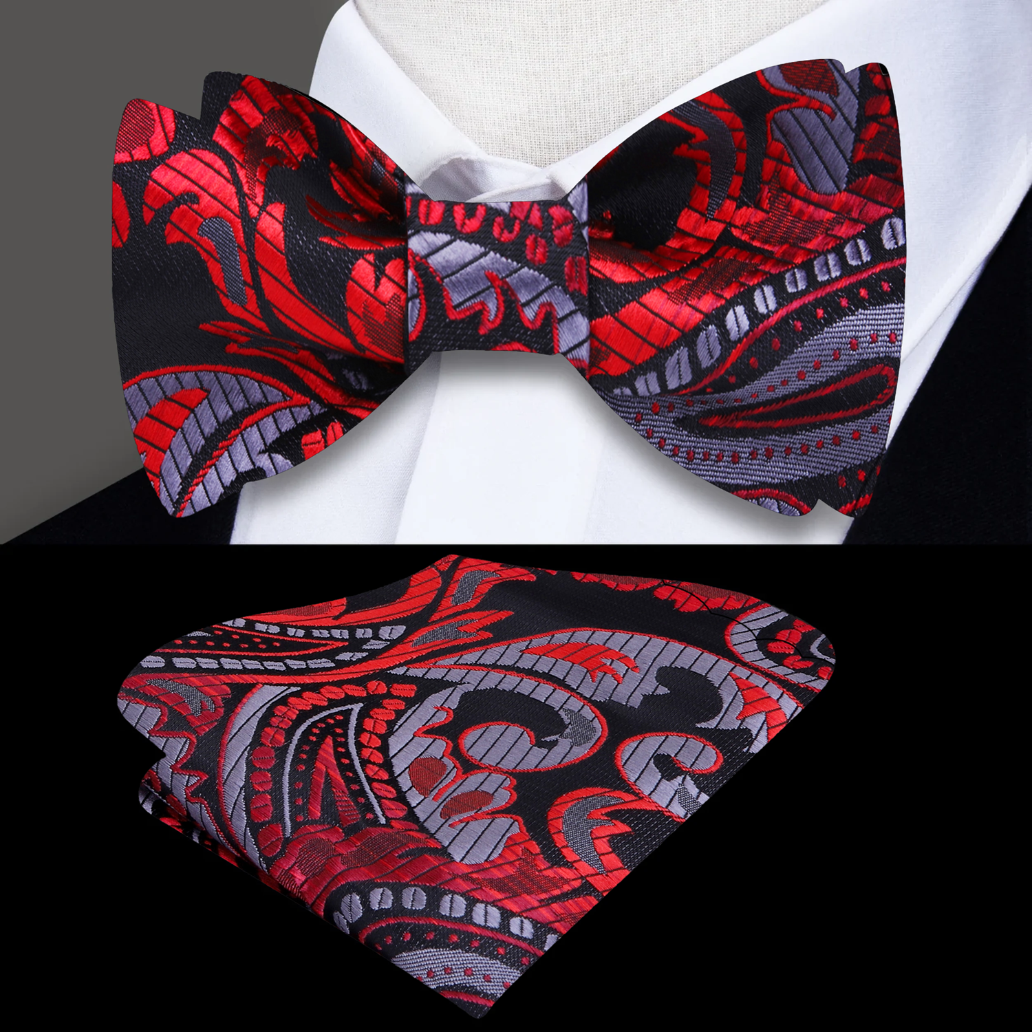 Alt View: Main View: Red, Black Grey Large Paisley Pattern Silk Self Tie Bow Tie, Matching Pocket Square