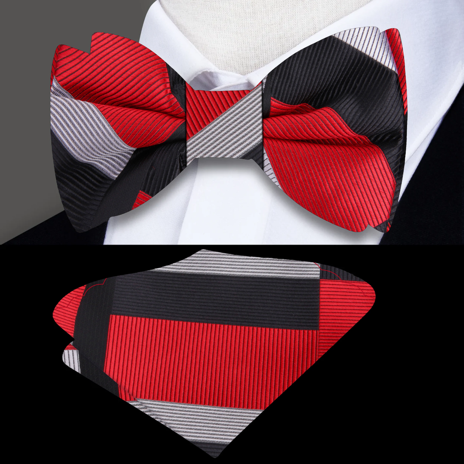A multicolored geometric abstract bow tie in black, gray, and gold, displayed on a white shirt and a contrasting background.