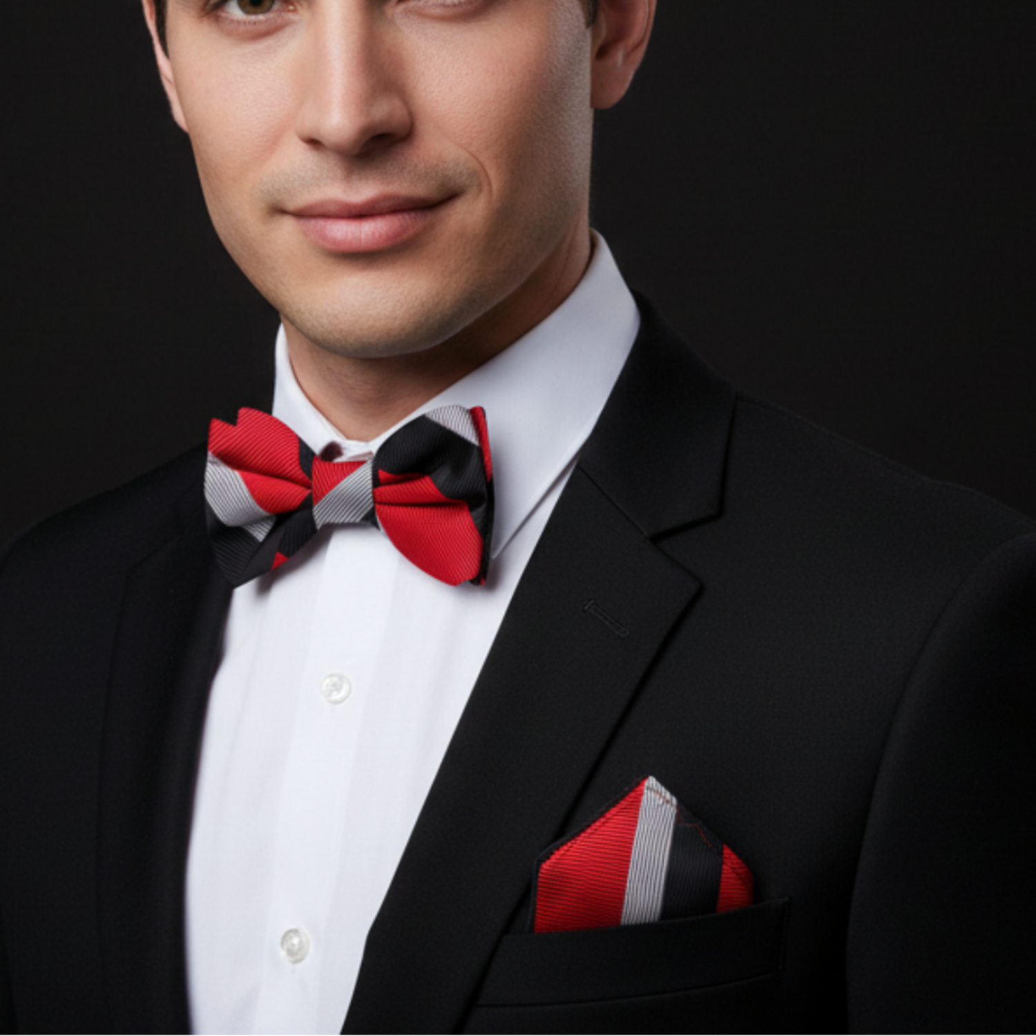 Man wearing a black suit with a red and black bow tie and pocket square on a dark background