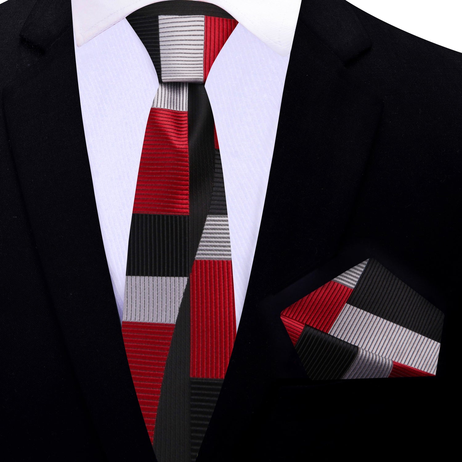 Thin Tie: Red, Black, Silver Abstract Tie and Matching Square