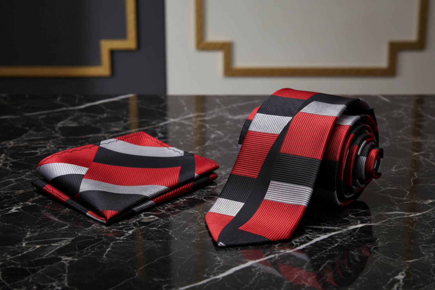 Alt View: Red, Black, Silver Abstract Tie and Matching Square
