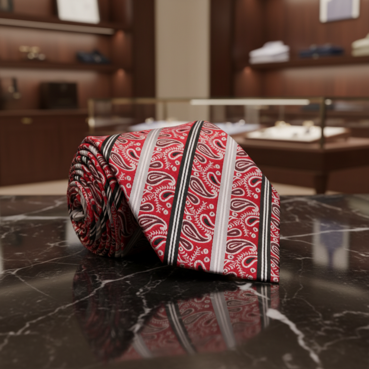Red Black Grey Stripe Paisley Tie 1