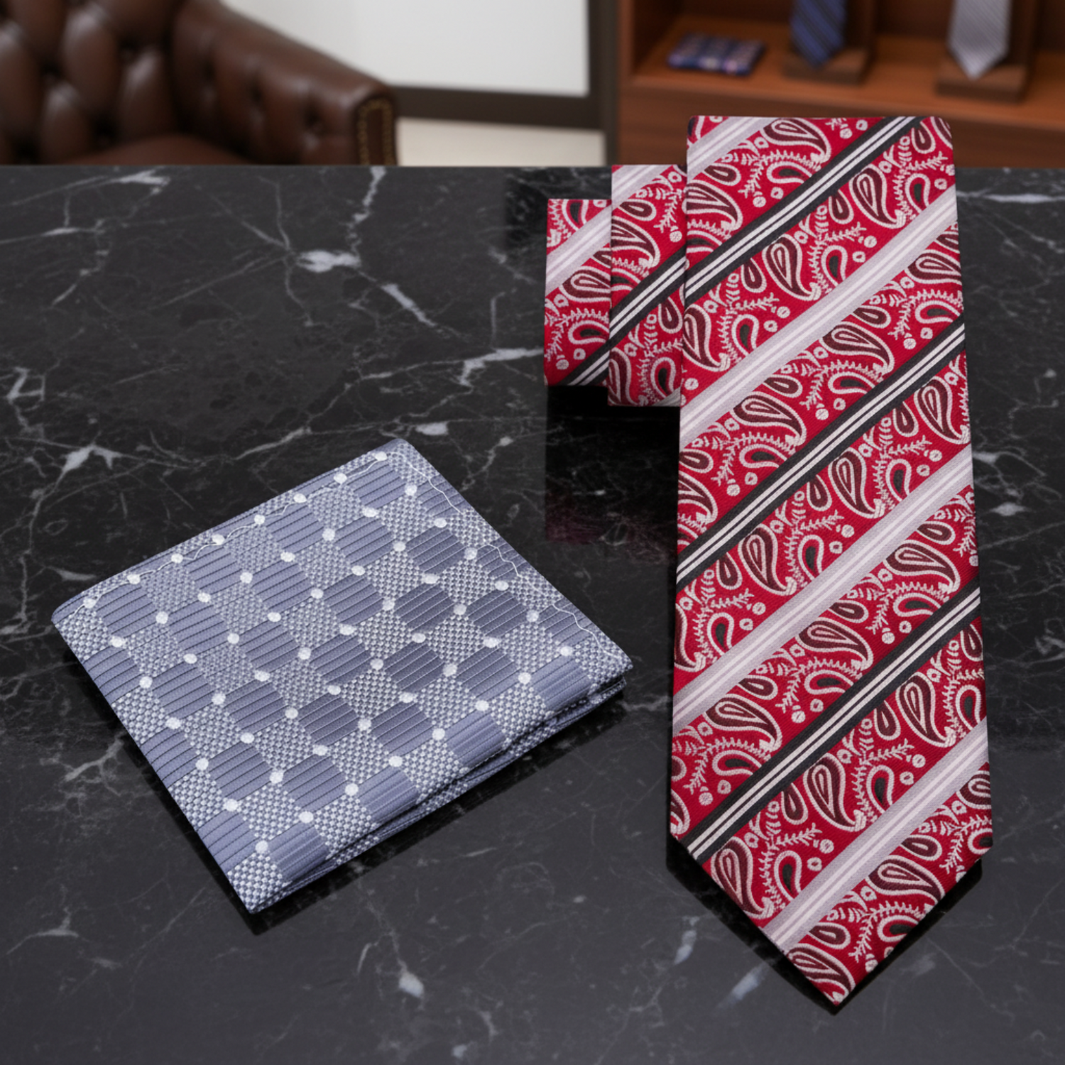 Alt Red Black Grey Stripe Paisley Tie and Accenting Grey Square