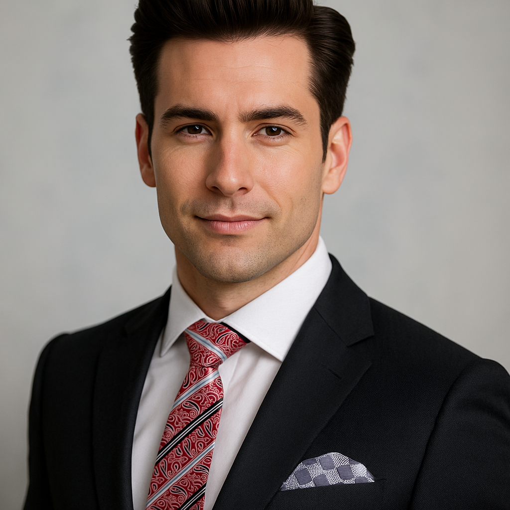 Man wearing a black suit with a red paisley tie and white shirt against a gray background