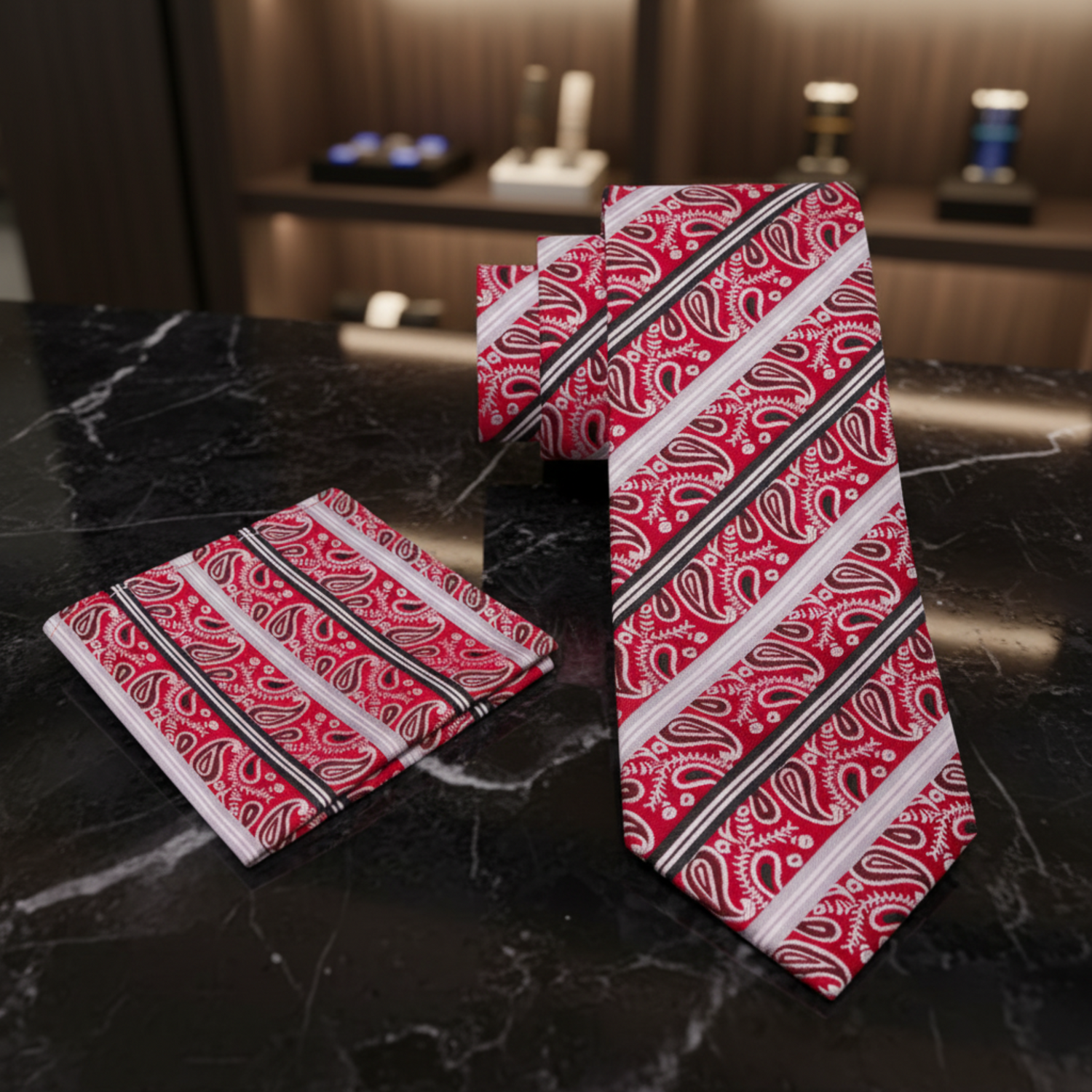 Alt Red Black Grey Stripe Paisley Tie and Square