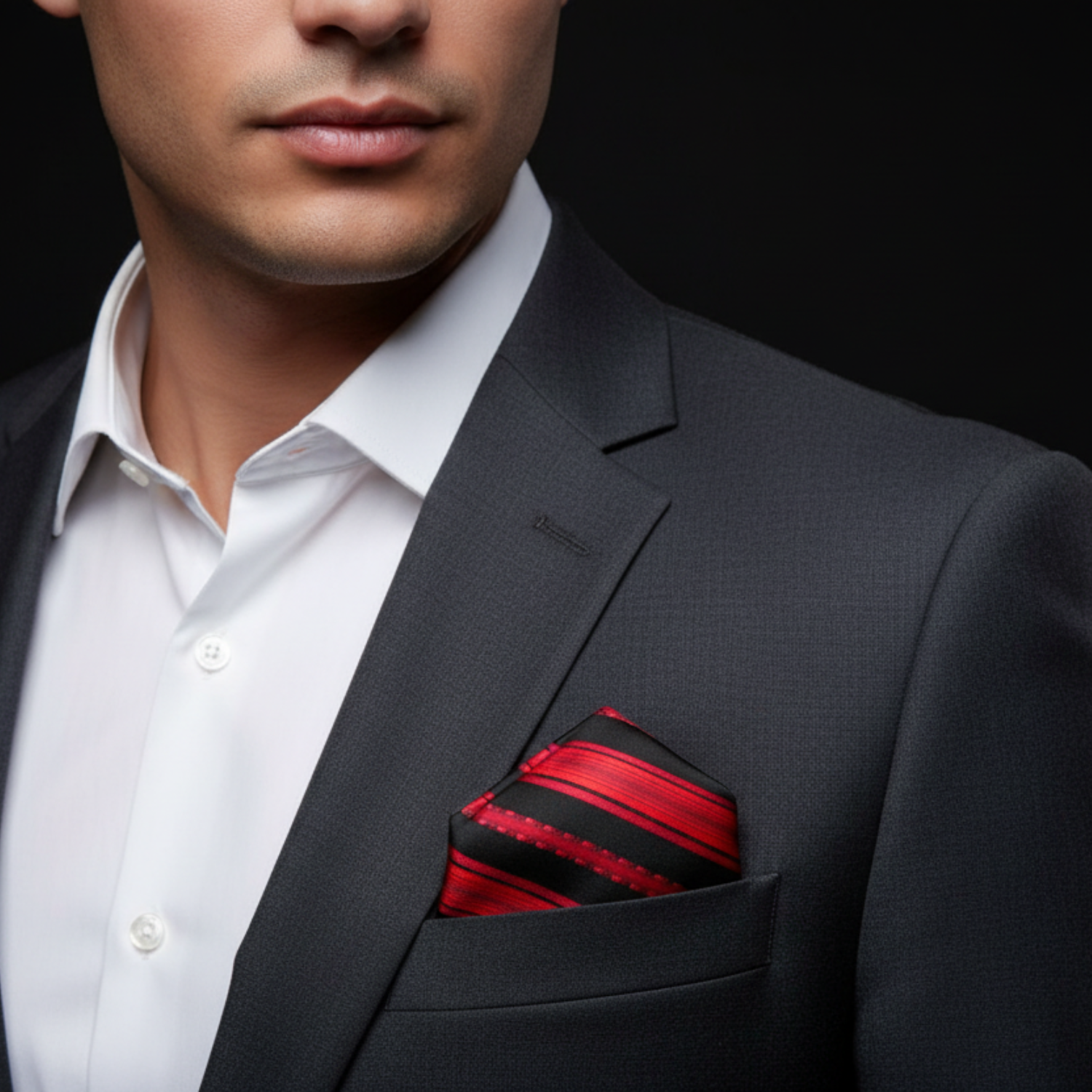 Man wearing a dark suit with a red pocket square against a black background