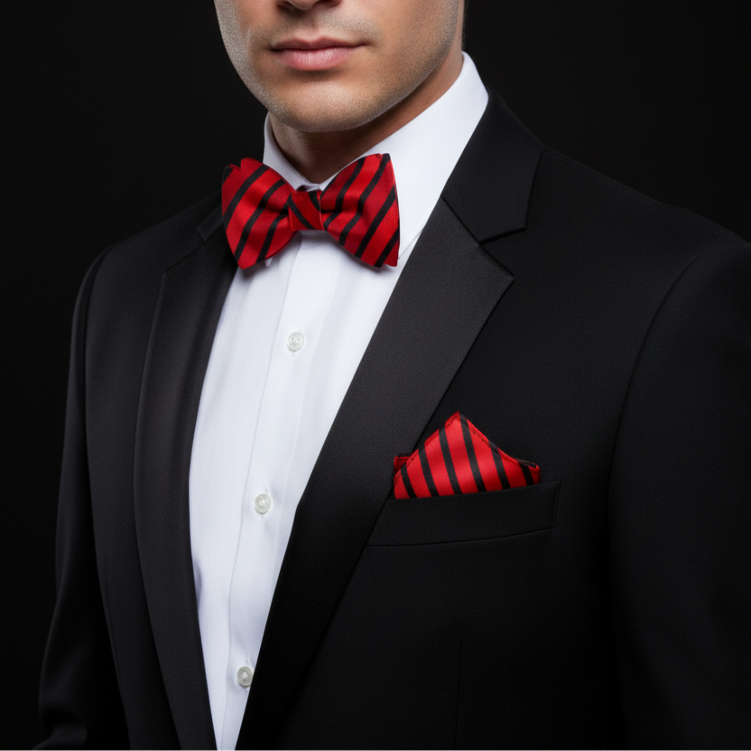 Red, Black Stripe Bow Tie and square on man