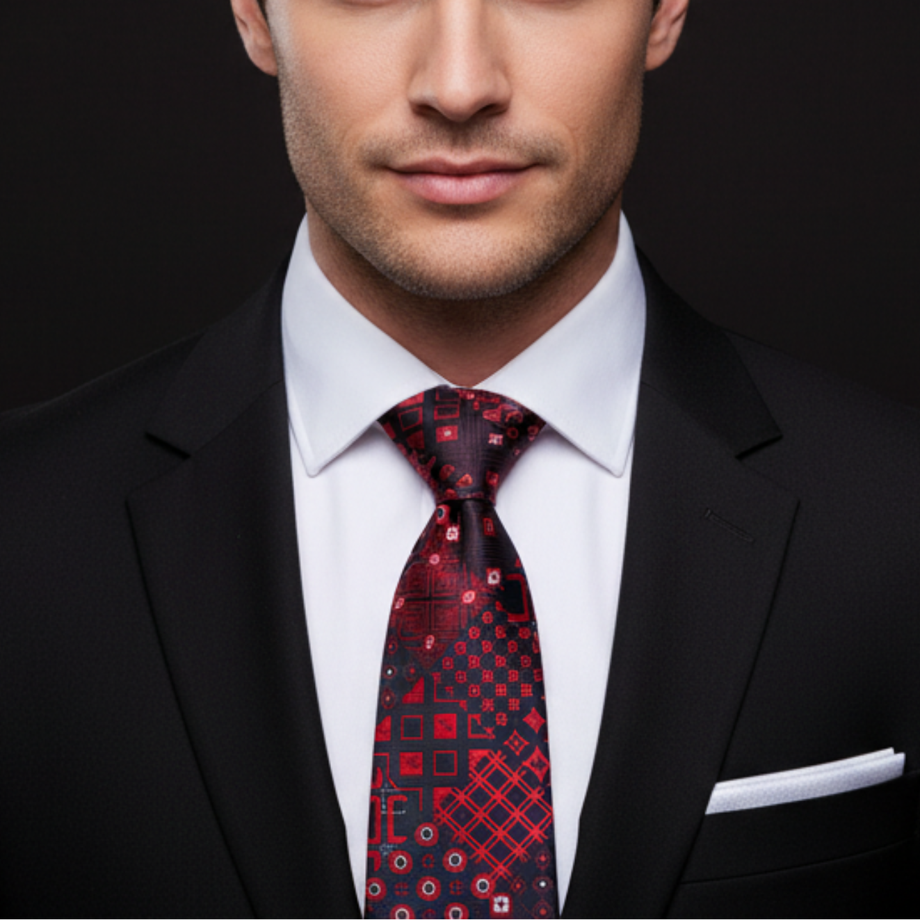 Man wearing a black suit with a red and black patterned tie on a dark background