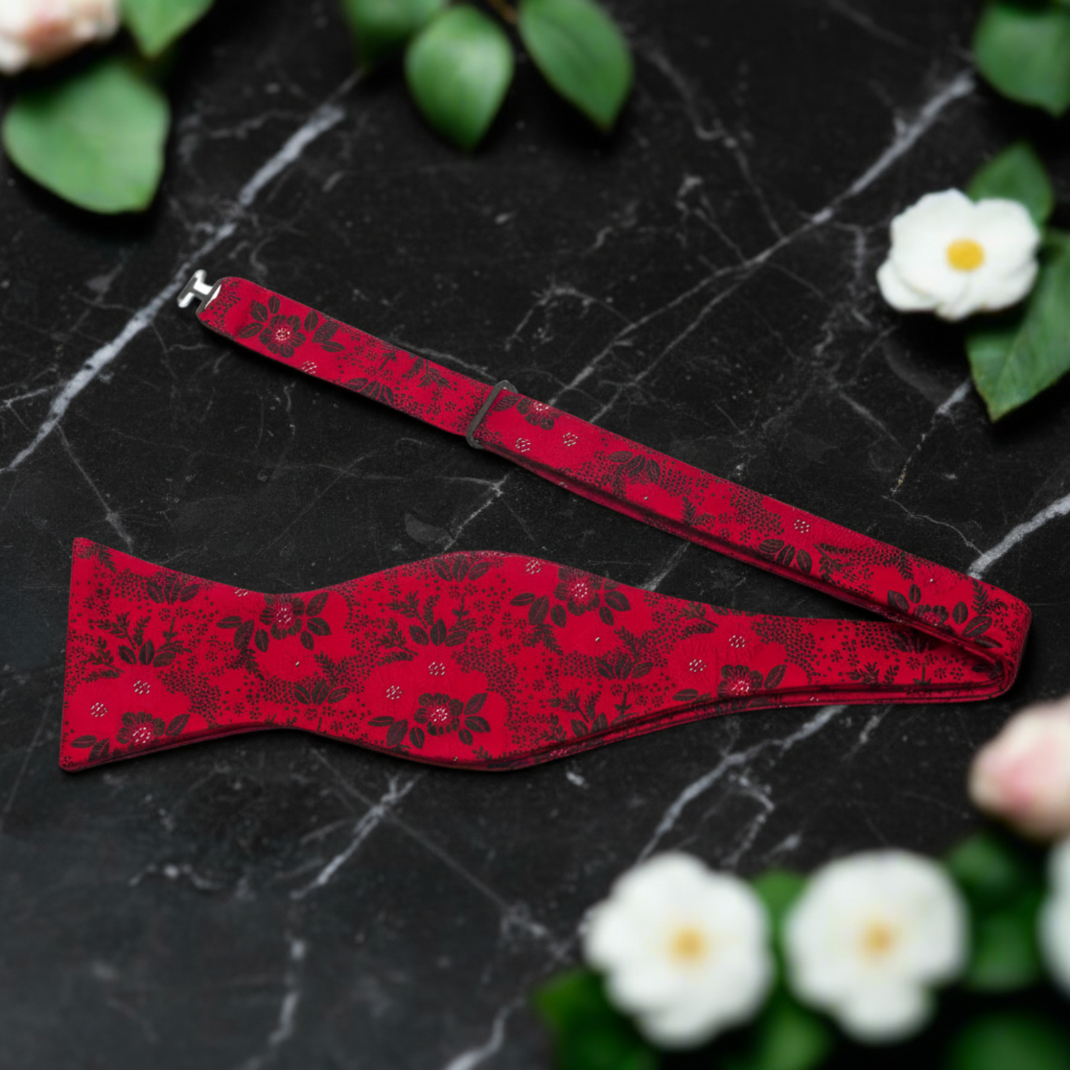 Red with Black Floral Bow Tie Self Tie