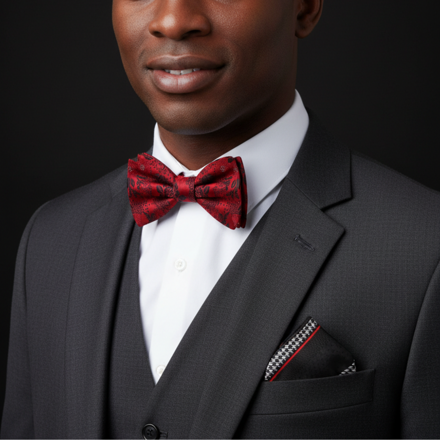 Red with Black Floral Bow Tie and Black, Red, Grey Hounds Tooth Pocket Square