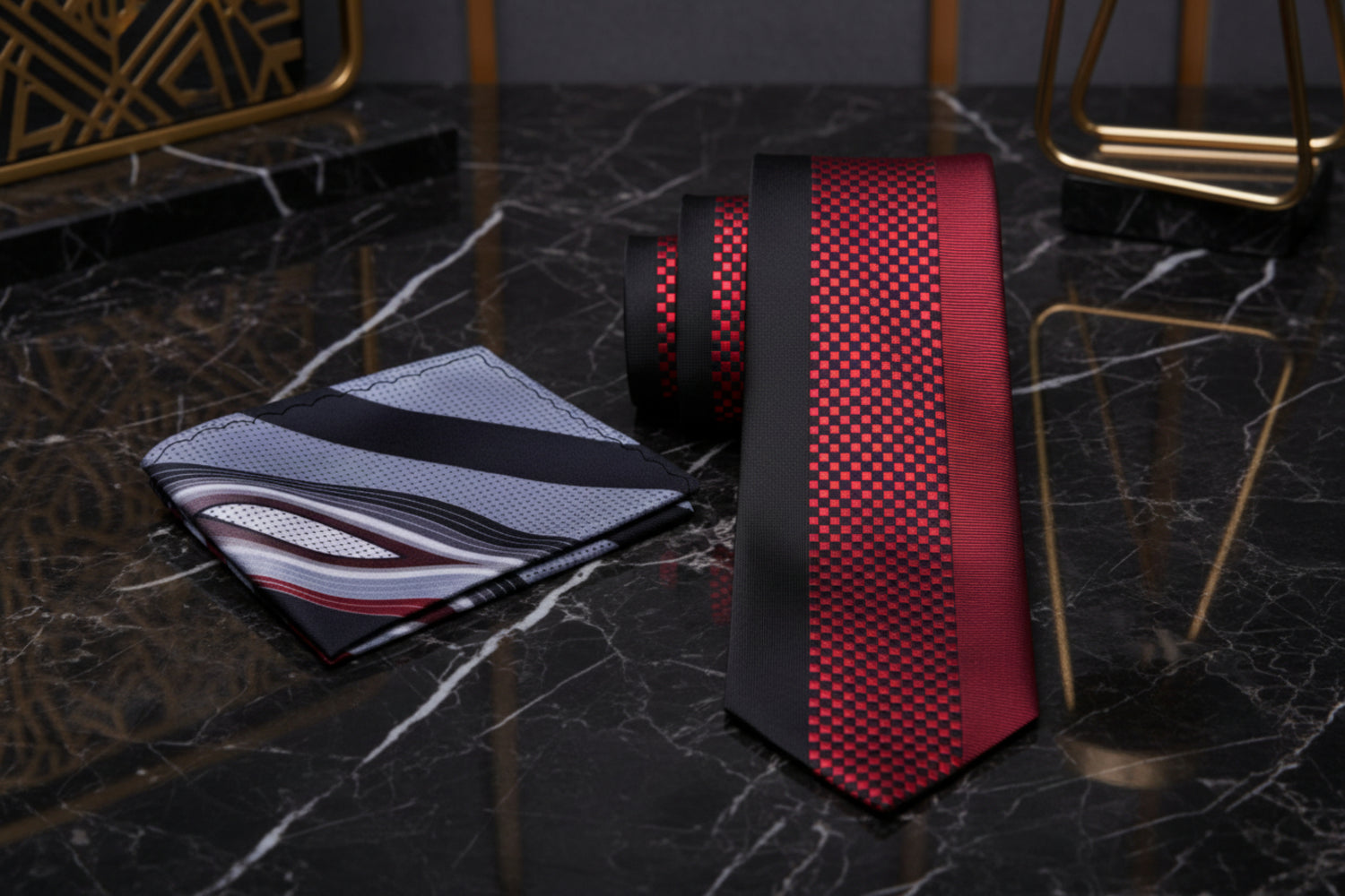 Alt View: Red & Black Check Necktie with Accenting Grey, Black and Red Square