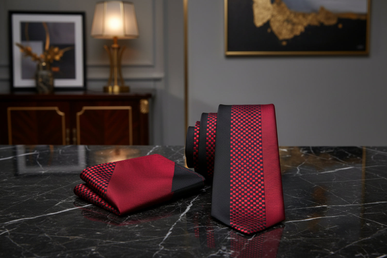 Alt view: Red & Black Check Necktie with Matching Square