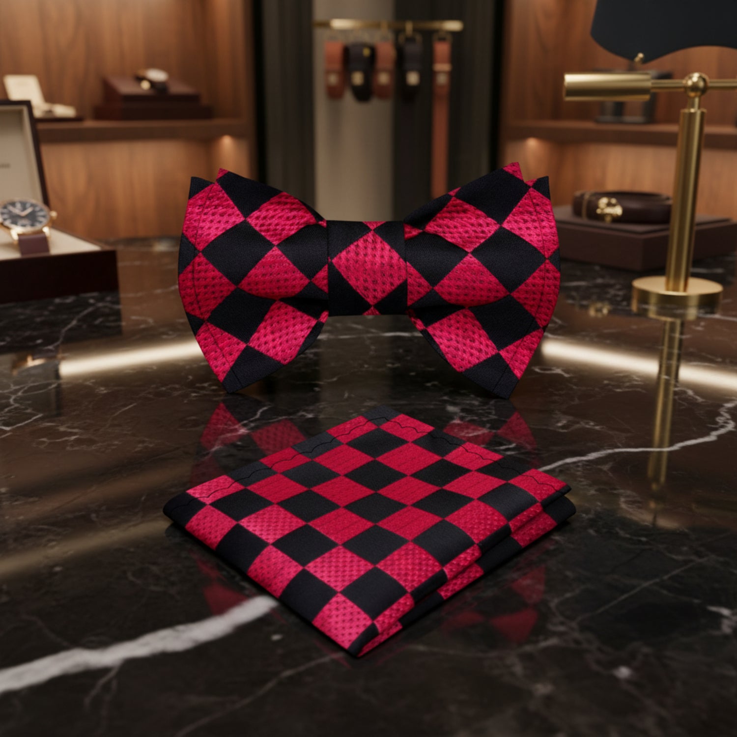 A matching men's formal accessory set featuring a pre-tied bow tie and a folded pocket square, both in a vibrant magenta pink and black harlequin checkered pattern with a subtle textured sheen.