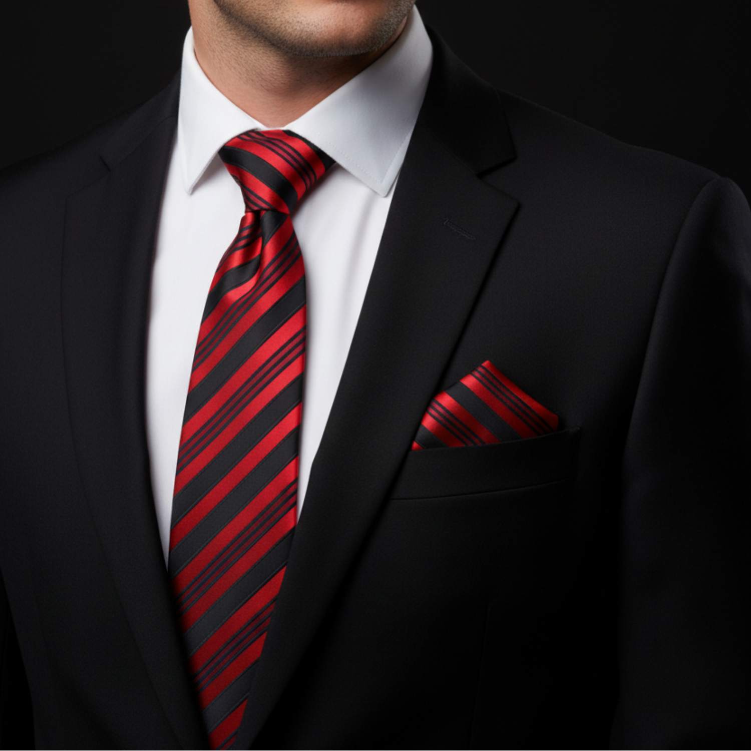 Man wearing red with black stripes tie and matching square on black suit